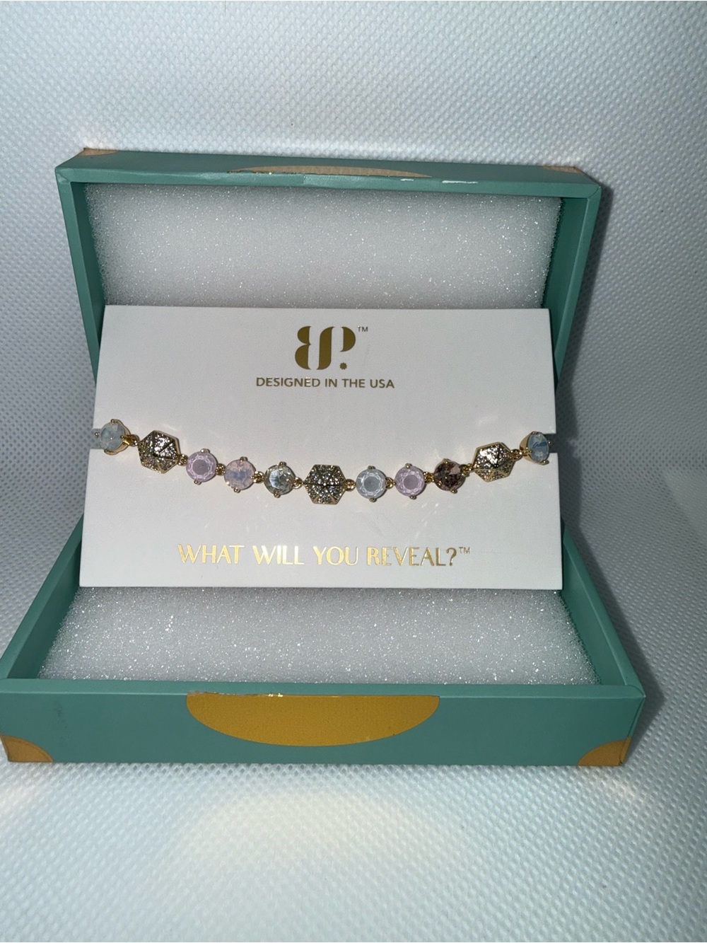 Bomb party Reveal desert oasis ,Gold-Plated Bracelet with Pastel Gemstones